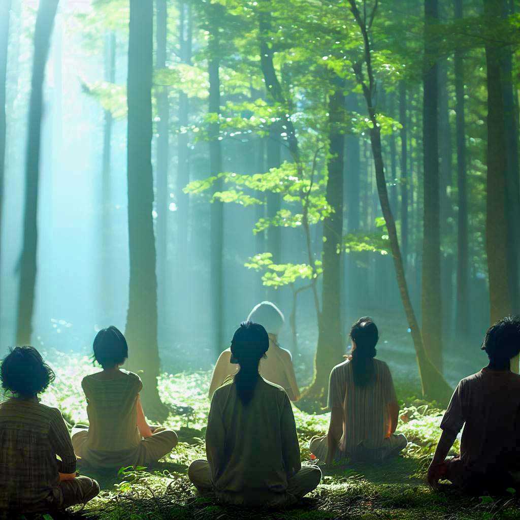 forest bating group of people in the forest with their faces to the sun