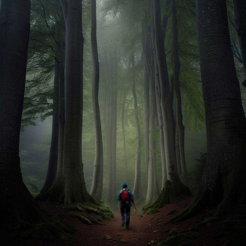 slow trekking in a tall forest