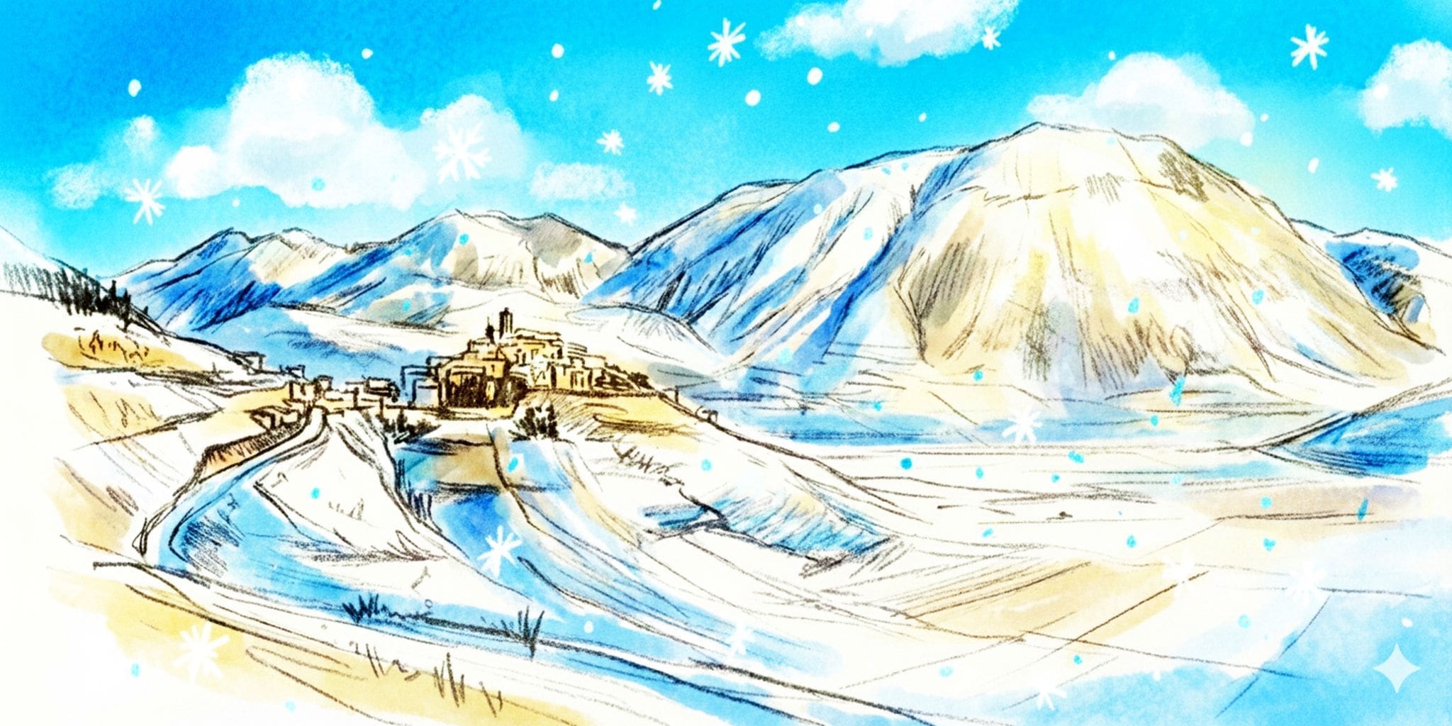 Snowshoeing in Castelluccio di Norcia pencil illustration